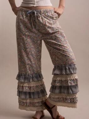 Blue Velvet Pink & Blue Floral Ruffle Wide Leg Pants Bloomers - Boho Romance